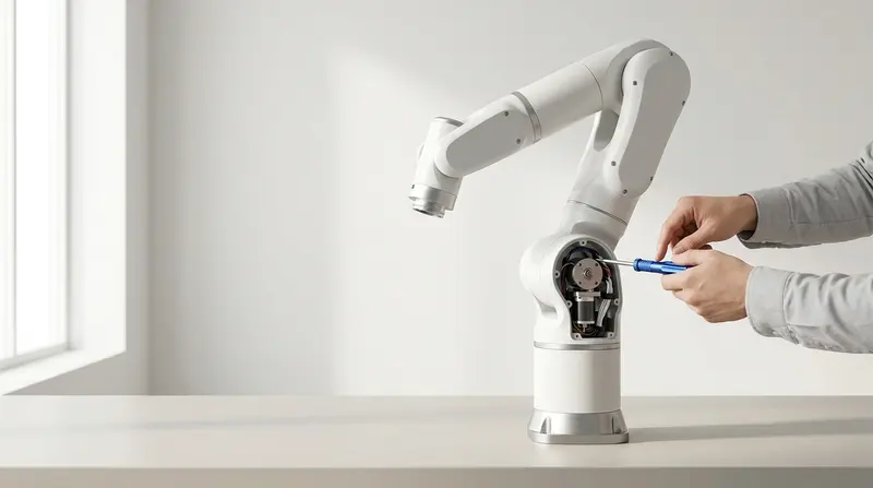 A white robotic arm being repaired on a workbench